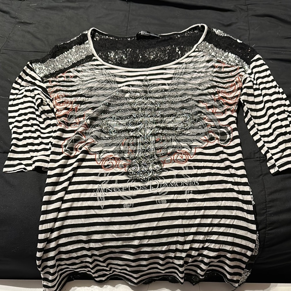 Angels & Diamonds Black and White Striped Blouse with Lace Accents